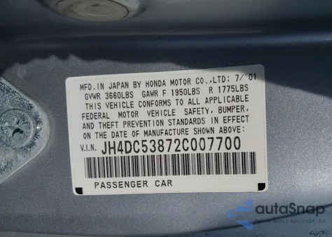 2002 Acura Rsx z USA, uszkodzony, nr VIN JH4DC53872C007700